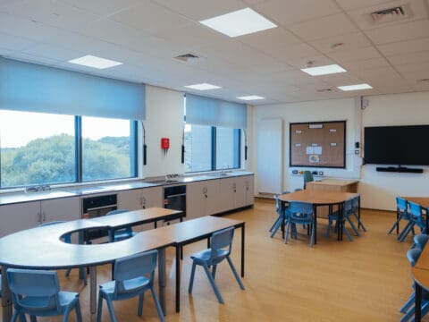 Internal classrooms from a newly built school in Cornwall. Positive images of school spaces with toys, ergonomic desks and furniture offering a colourful, positive learning environment for the teachers and students who will use the spaces.