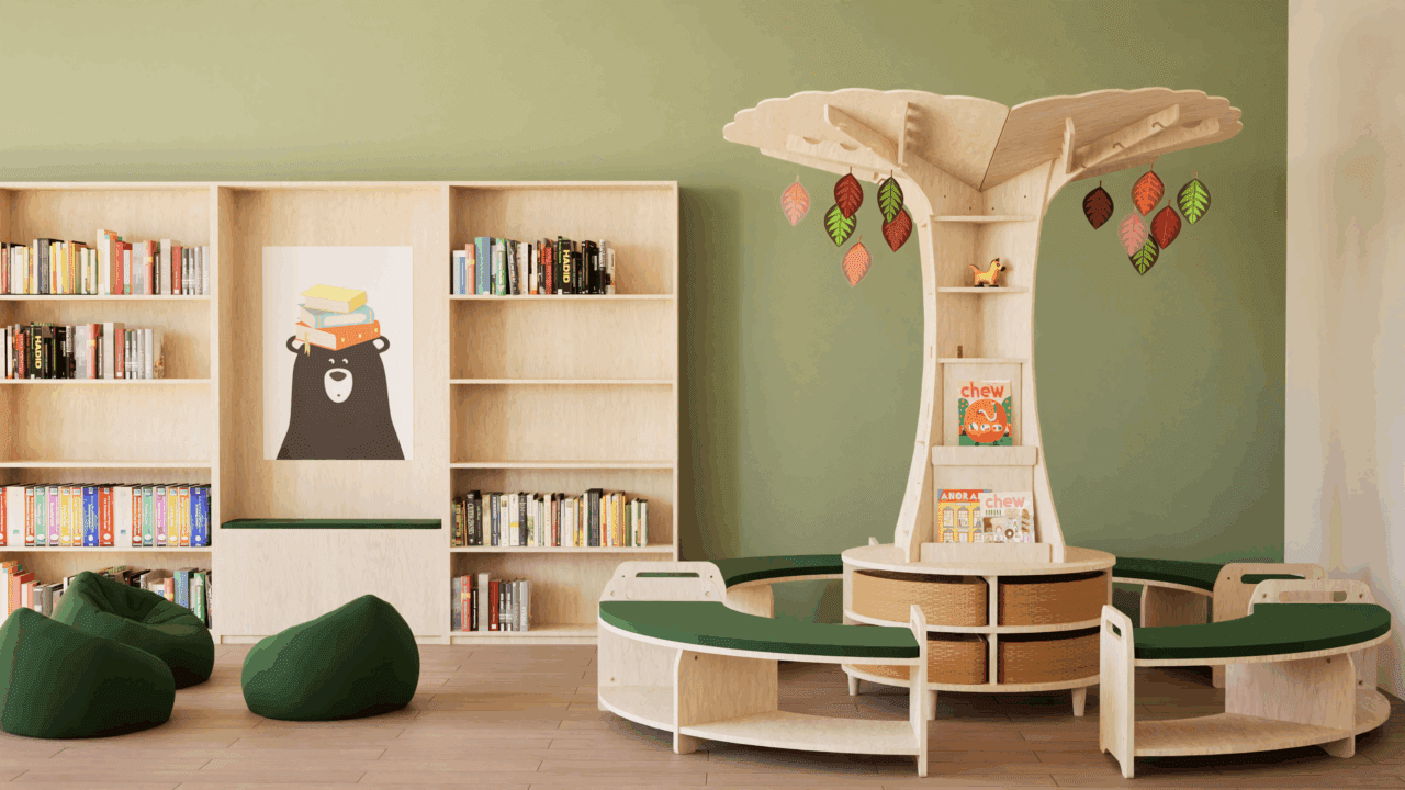 Bespoke designed childrens library with olive green walls and a sustainable wood